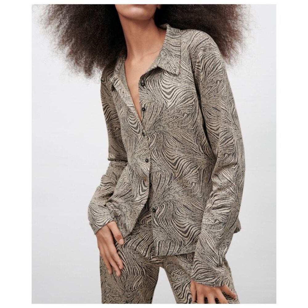 ZARA Jacquard Brown Black Button Down Shirt Wide Pants
